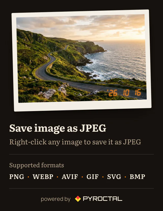 The Save image as JPEG popup: a photo print with a date stamp, the instruction and the supported formats